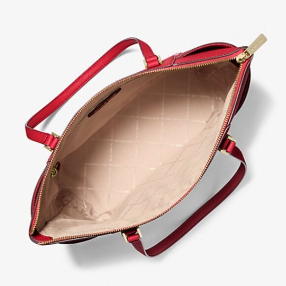 NWT MICHAEL KORS CHARLOTTE LARGE TOP ZIP SAFFIANO LEATHER TOTE BAG BRIGHT RED - Picture 3 of 16